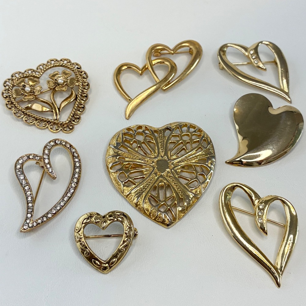 Vintage Heart Brooch Lot Gold Tone Rhinestone Faux Pearl 8 Pieces Romantic